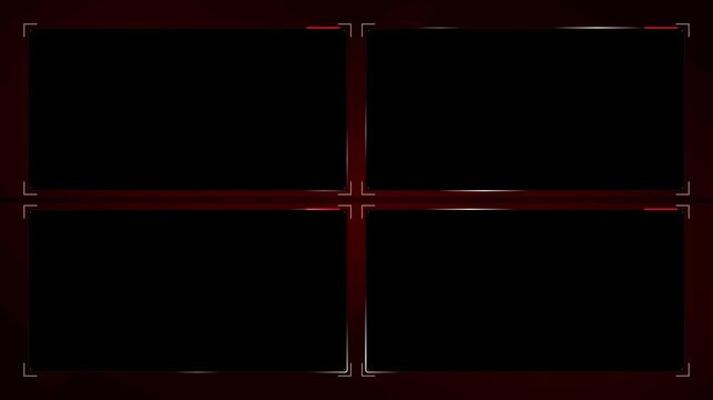 Futuristic dark interface with four black screens and red glowing accents