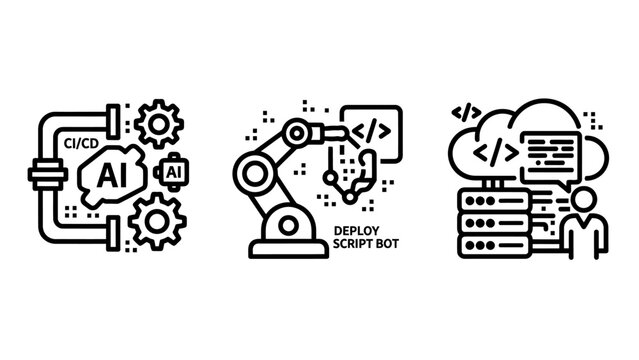 Line art technology icons showing artificial intelligence automation robotics and cloud data server infrastructure with robotics automation software development technology intelligence database