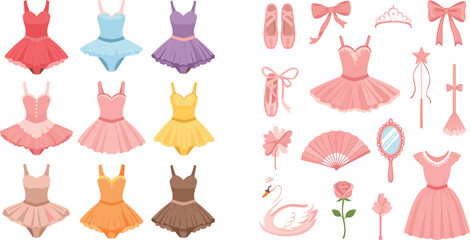 Cute Ballet Dress and Accessories Vector Illustration Set with Tutus, Shoes, Crowns, Swan, and Dance Elements for Girls Creative Designs © Abul