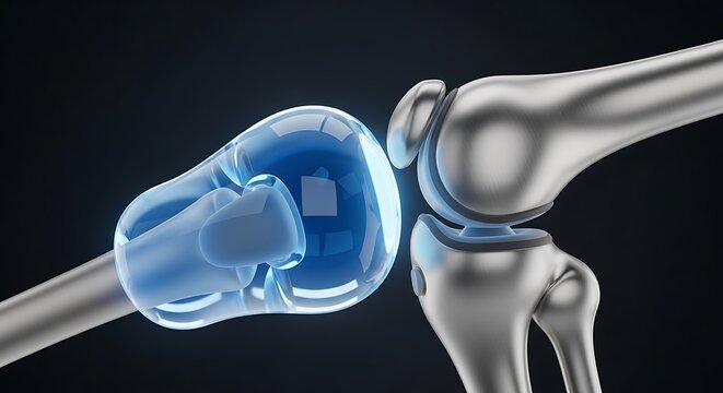 Blue knee joint with highlighted bone structure