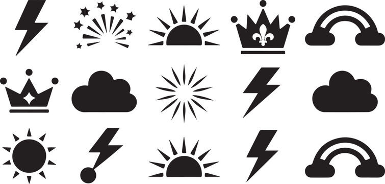 Weather and royal symbols set featuring lightning bolts sunbursts clouds rainbows and crowns in solid black flat silhouette style.
