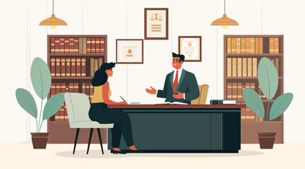 Lawyer consultation legal advice meeting client office interior bookshelves certificates plants professional workspace modern flat design © mast3r