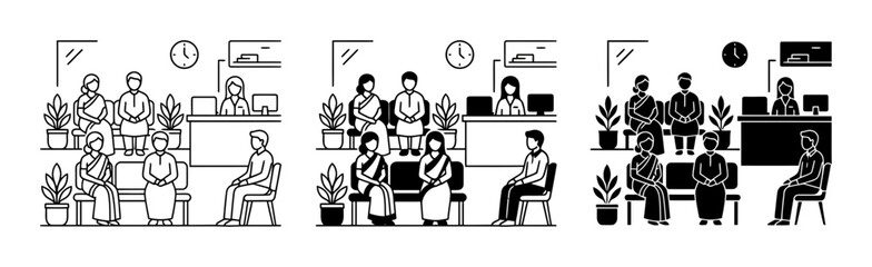 Fototapeta premium Office Workspaces, Modern Business Environments, Vector Illustrations, 3 Styles