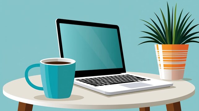 Home workspace with laptop, coffee mug, and potted plant on round table