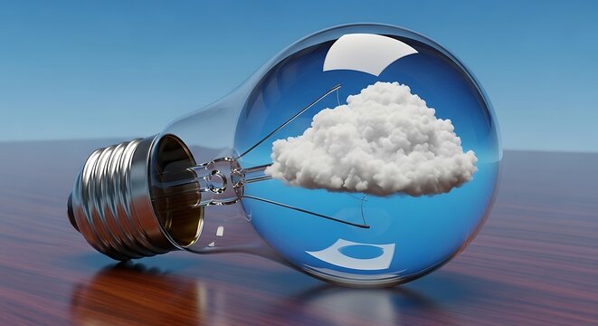 Satellite dish with cloud inside glass globe on gray surface