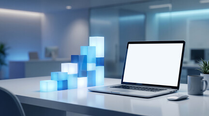 Fototapeta premium Modern laptop showing blank white screen with glowing blue bar chart cubes on a clean office desk workspace