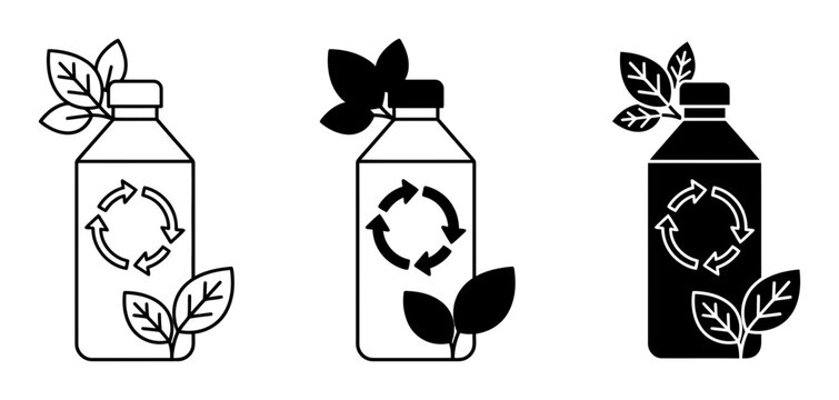 Eco friendly recycling bottle icons, sustainable packaging, green leaf symbols, black and white vector graphics