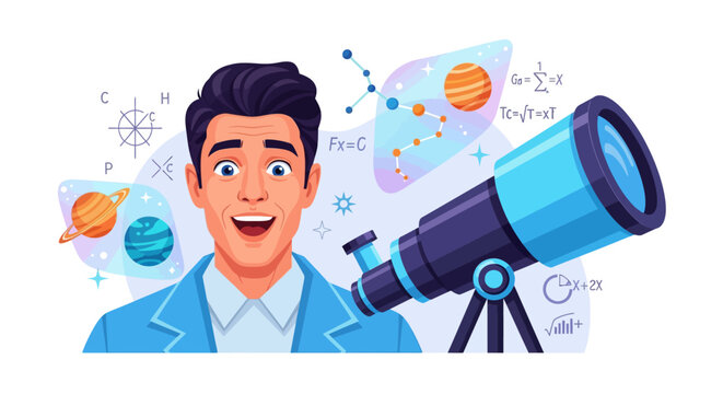 A cheerful man looking at a large telescope with planets, constellations, and scientific formulas floating around him, representing astronomy and scientific discovery.