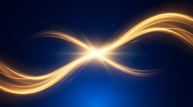 Golden infinity symbol with bright flare on dark blue background
