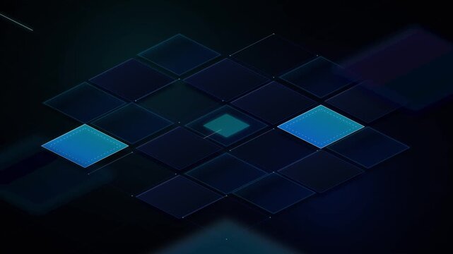 Isometric arrangement of dark blue and teal diamonds with glowing outlines on a dark grid