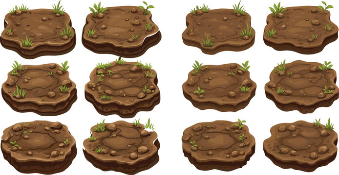 Abstract Wooden Terrain Platform Collection with Layered Ground Surfaces, Natural Earth Textures, and Cartoon Landscape Vector Illustration Set