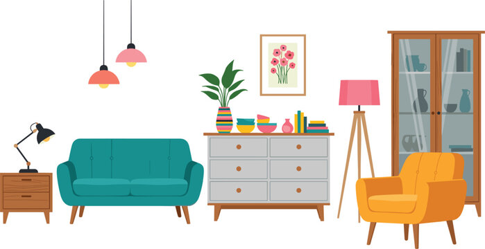 Cozy Mid Century Modern Living Room Furniture Set with Turquoise Sofa Yellow Armchair Commode Glass Showcase Cabinet and Elegant Lighting Decor Elements