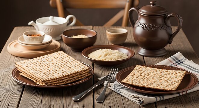 Delicious breakfast with matzo on plates and dishes on wooden table