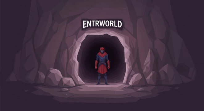 Digital vector illustration of a mysterious armored warrior character standing at the entrance to a dark underworld cave with a sign reading ENTRWORLD, featuring rocky cavern walls.