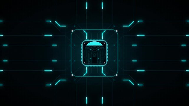 High-tech digital fingerprint sensor embedded in a glowing circuit board with radiating lines on black