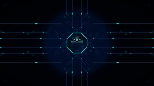 Octagonal digital fingerprint scanner with blue circuit board lines radiating on a dark background
