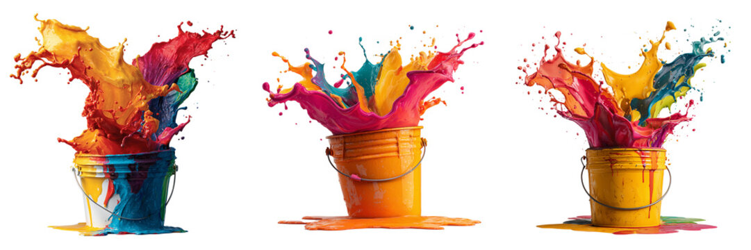 Set of a classic paint can covered in colorful splashes and dripping paint streams on transparent png background. Ai generated
