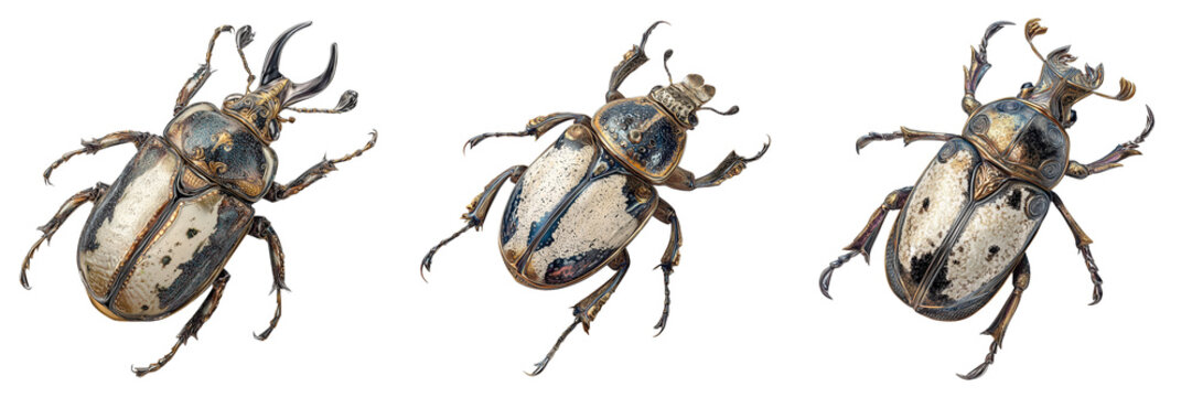 Set of a longhorn beetle with extended antennae and patterned shell on transparent png background. Ai generated