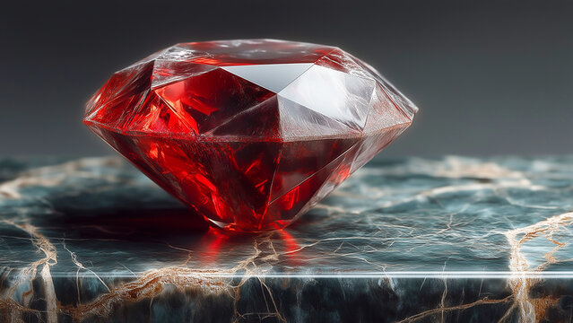 A Brilliant Red Gemstone: A radiant, multifaceted ruby gemstone sparkles under dramatic lighting, showcasing its deep red hue and captivating clarity, resting on a polished marble surface.