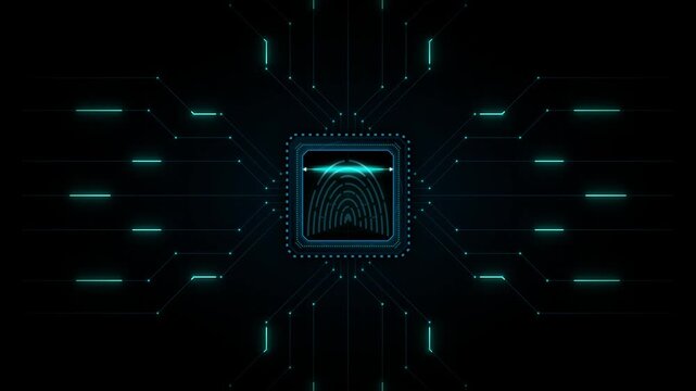 Square digital fingerprint sensor on a futuristic circuit board with cyan light