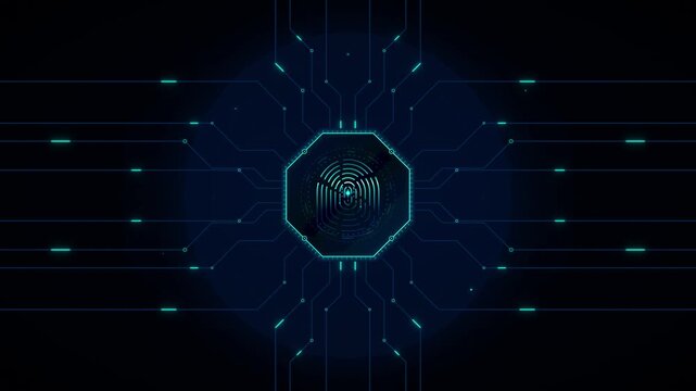 Digital fingerprint scanner integrated into a futuristic circuit board with blue glow