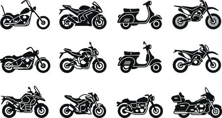 Collection of various motorcycles and scooters in black silhouette on white background © Pixel Verses