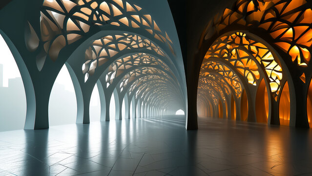 Futuristic Architectural Hallway: A surreal and futuristic architectural hallway with vaulted ceilings and intricate geometric patterns illuminated by warm light.