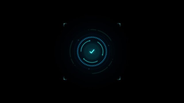 Sci-fi digital target reticle with glowing cyan checkmark and circular motion on black screen