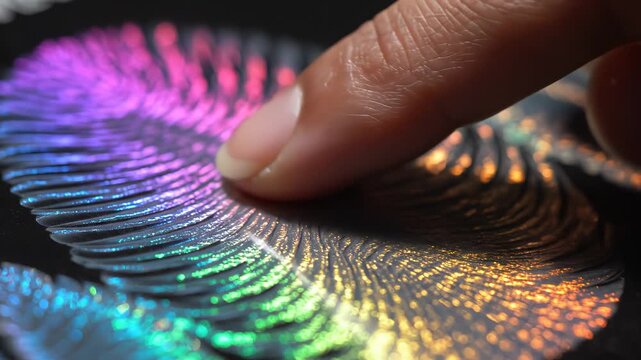 Finger touching colorful holographic surface symbolizing dynamic movement and artistic expression