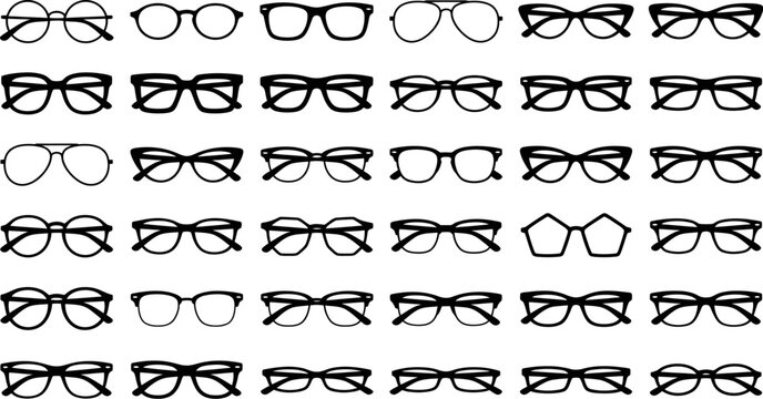Many different pairs of glasses on white background for design elements  various eyeglasses