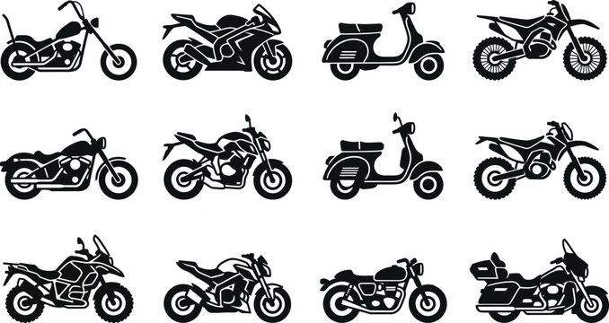Collection of various motorcycles and scooters in black silhouette on white background
