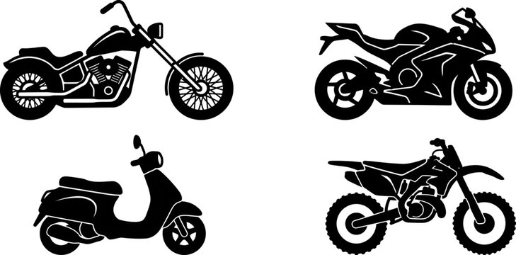 Four different motorcycle and scooter vehicle silhouettes on transparent background