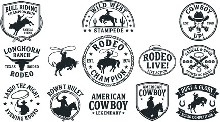 Collection of black and white rodeo logo designs with cowboy silhouettes and western themed graphics © Pixel Verses