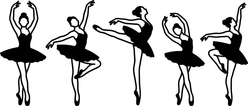 set of five ballet dancers in different poses on white background