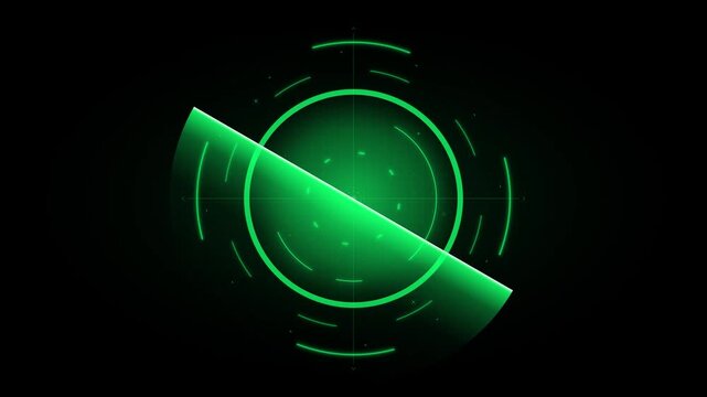 Circular radar display with bright green glowing lines and a divided scanning sector