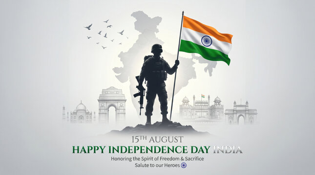Patriotic Indian soldier holding national flag for Independence Day tribute and freedom celebration artwork