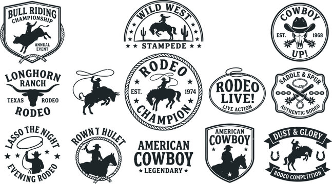 Collection of black and white rodeo logo designs with cowboy silhouettes and western themed graphics