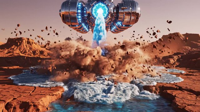Futuristic spacecraft hovering over desert symbolizing exploration and the great outdoors