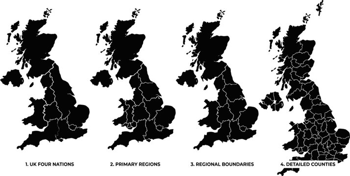 four maps of the United Kingdom with different administrative divisions  UK regions and counties