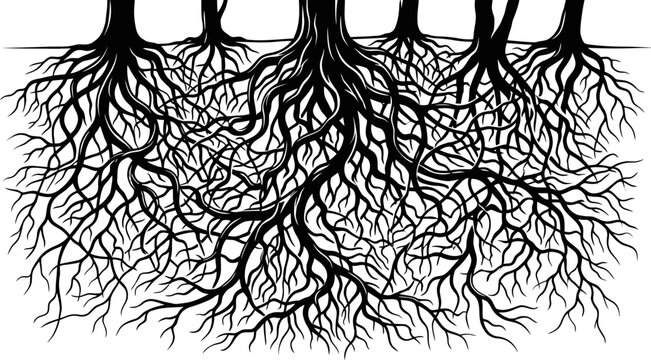Illustration of tree roots spreading underground in a network pattern