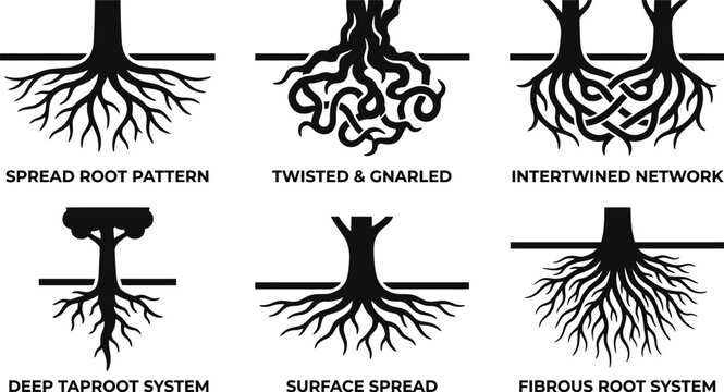 tree root systems types including spread root pattern twisted and gnarled intertwined network deep taproot system surface spread fibrous root system