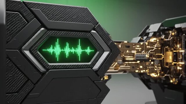 Futuristic device with glowing sound wave display highlighting artificial intelligence and digital evolution