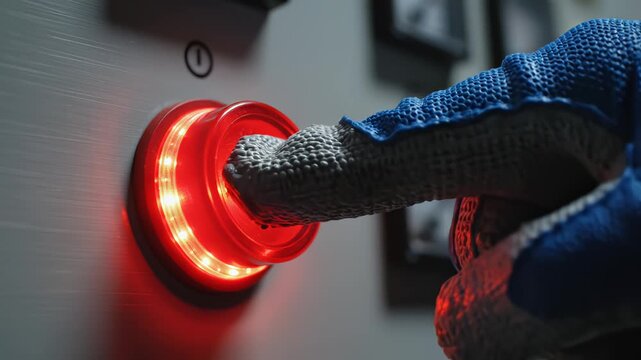 Gloved hand pressing illuminated red stop button perfect for engineering projects and factory visuals