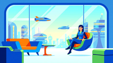 Fototapeta premium Futuristic city woman using tech products in living room with flying cars