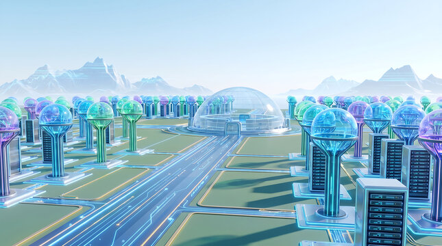 Futuristic sci-fi city with dome architecture and glowing data towers
