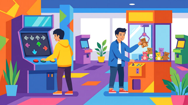 Young men playing arcade games and claw machines in a colorful game center illustration