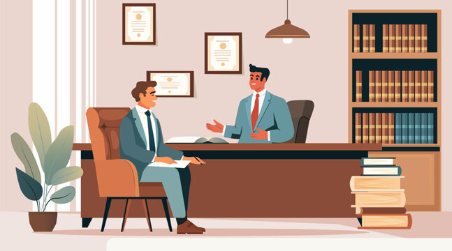 Lawyer consultation legal advice office interior bookshelf certificates two men in suits discussing documents professional meeting modern workspace