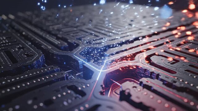 Circuit board with glowing pathways ideal for tech startups and software commercial themes