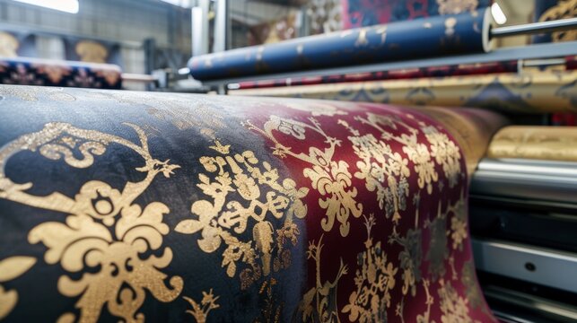 Rich fabric rolls in industrial dyeing machine. Golden floral patterns glow against deep red and navy. Machine hums, processing luxurious textiles quietly. Workers nearby manage rolls with care