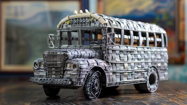 Handcrafted bus made from stacked metal pieces. Detailed design shows classic school bus style. Worn texture adds vintage, rustic charm. Perfect for retro, industrial, or creative project themes